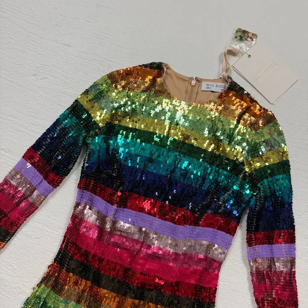 Mac Duggal Rainbow Sequin Long Sleeve Mini Dress, Size 0 - Picture 2 of 10